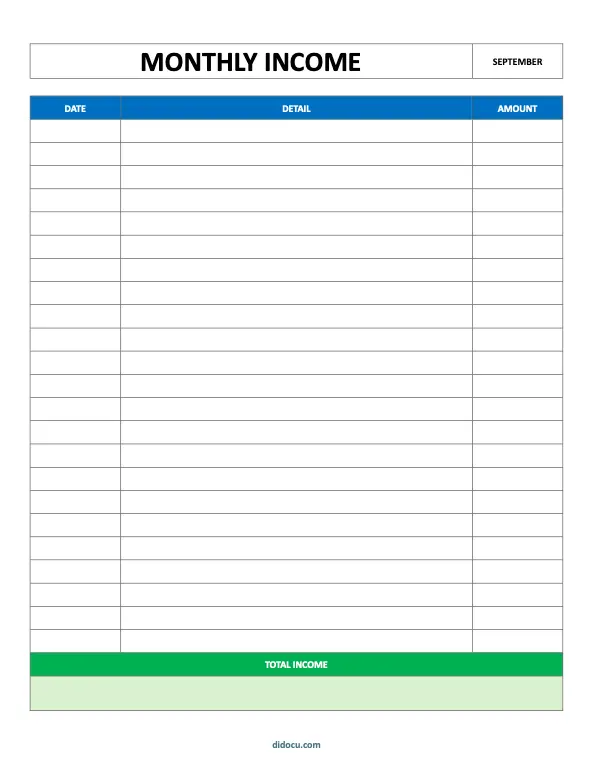 Printable Monthly Income Tracker Sheet